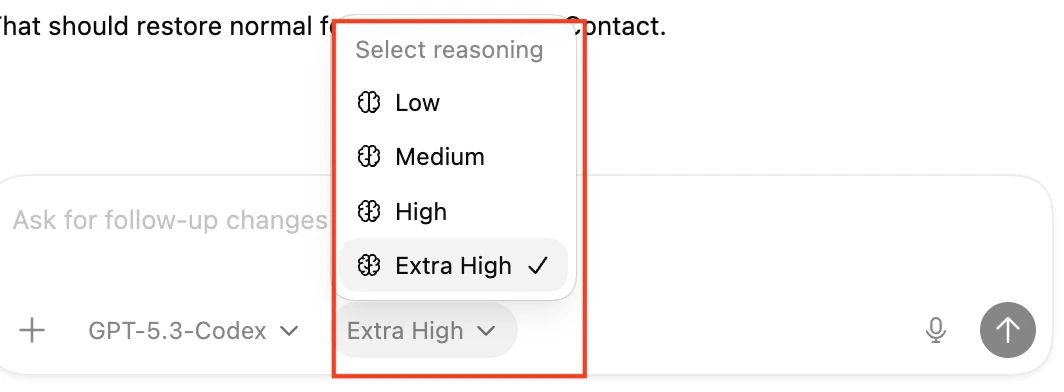 Codex reasoning-level selector, set to Extra High, from the article